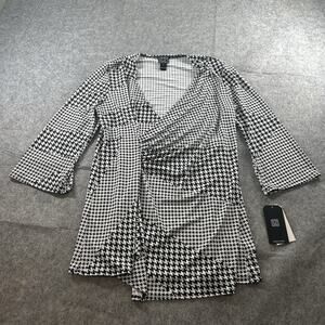 Clara Sun Woo Black & White Houndstooth Print V Neck Faux Wrap Blouse